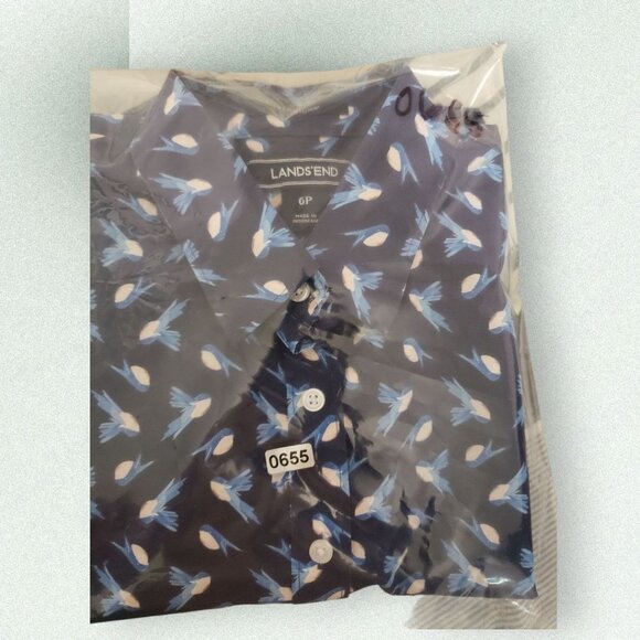 Lands End Button-Down Shirt Blue Supima & White Bird Print Long Sleeve 6Petite - Picture 9 of 9